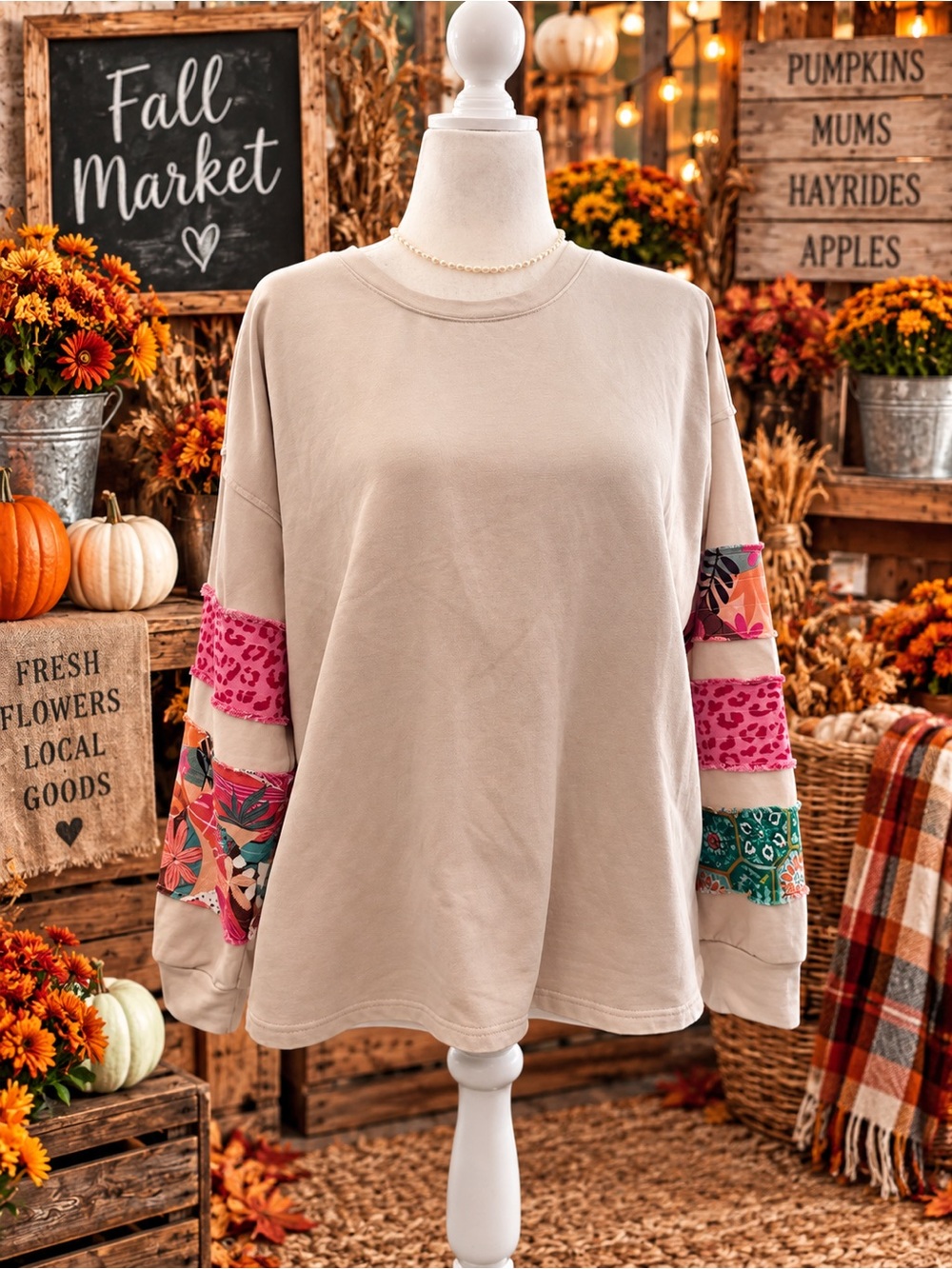 easel Beige Pullover with Pink and Teal Patterned Sleeve Panels